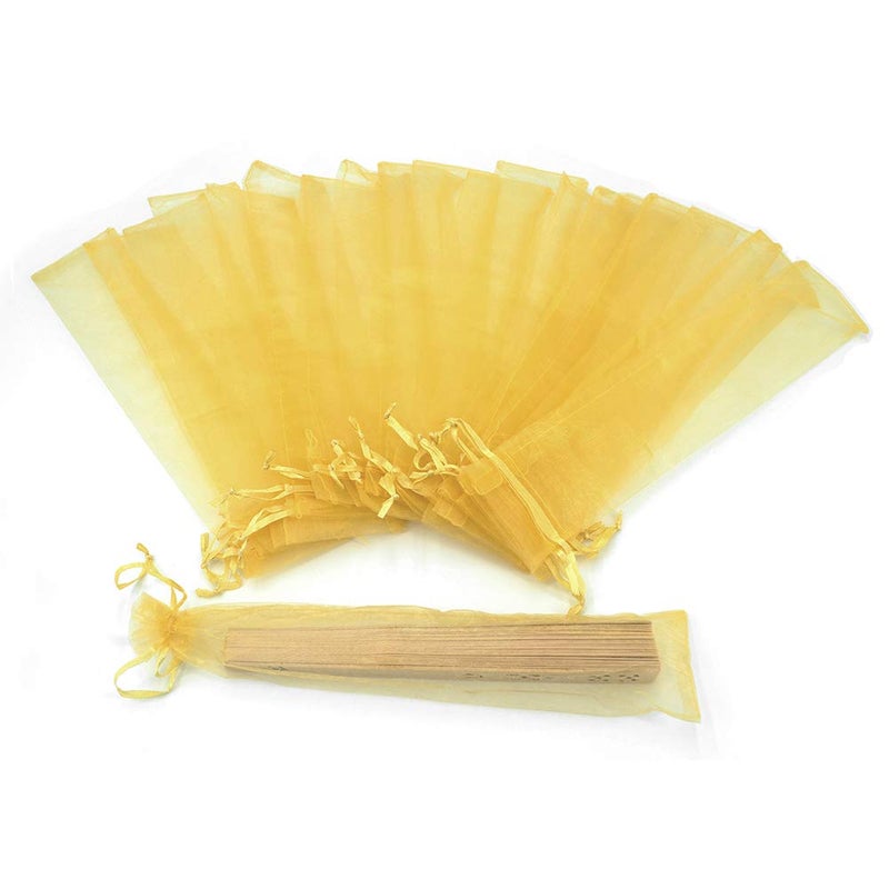 Bezall 50Pcs Golden Organza Hand Fan Bags, 2x10 Inches Folding Fan Drawstring Organza Gift Bag Hand Fan Pouch Party Wedding Favor Bags - Image 1